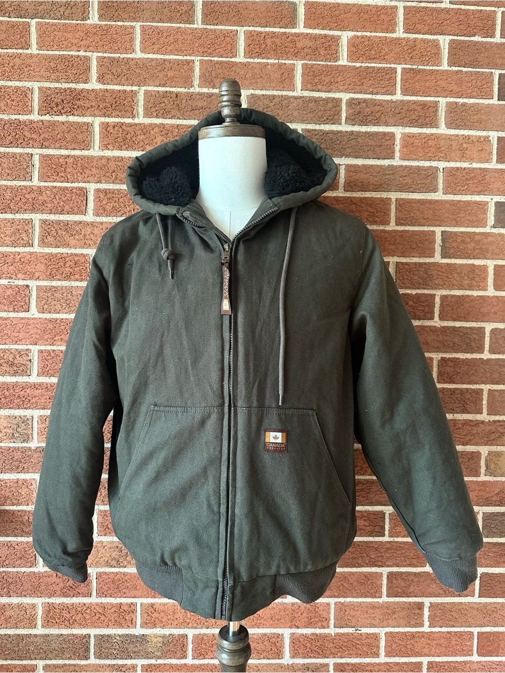 Canada Workgear Sherpa Lined Hooded Canvas Jacket Men’s Green Brown Full Zip, M